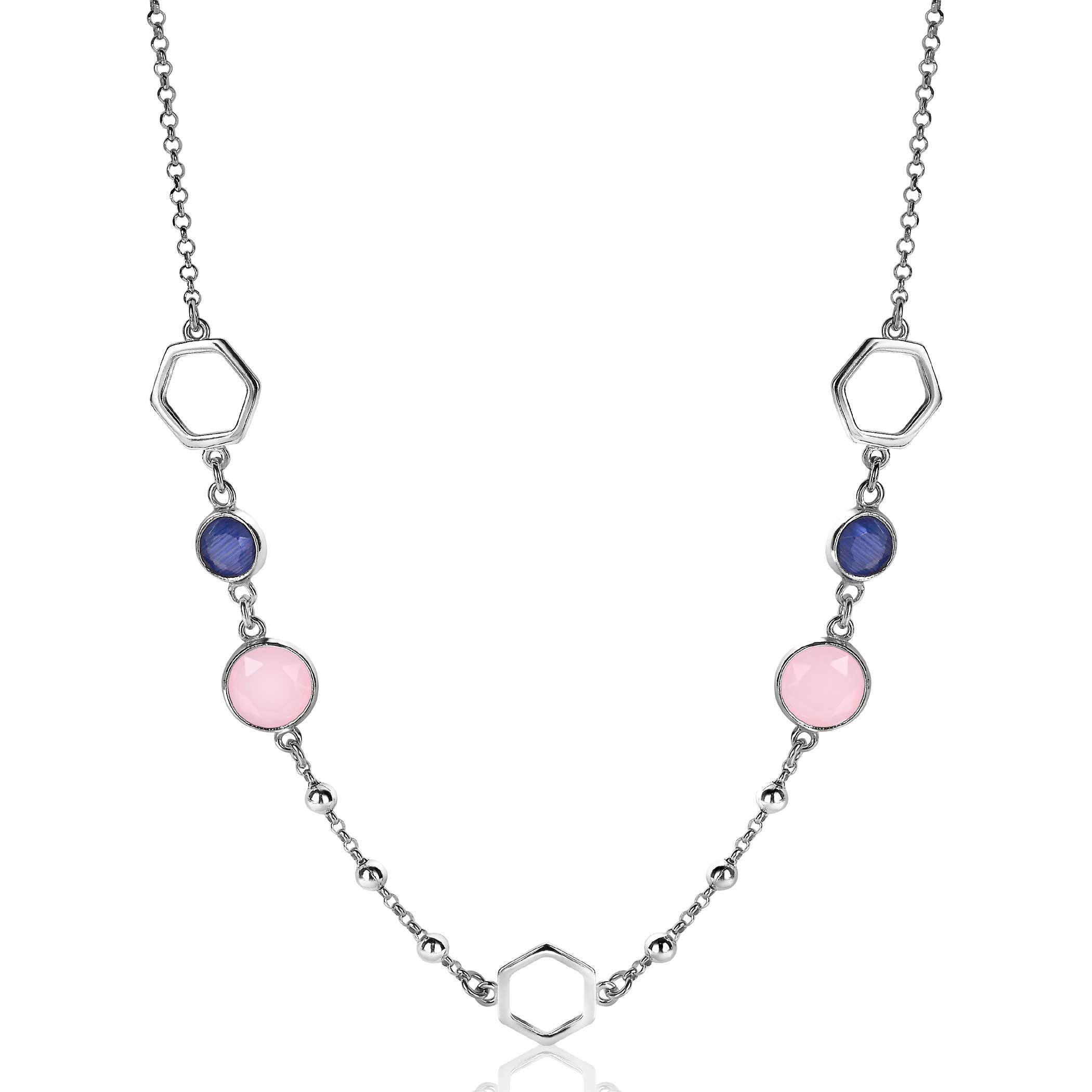 ZINZI zilveren fantasie ketting 45cm zeshoek blauw roze rond ZIC2002