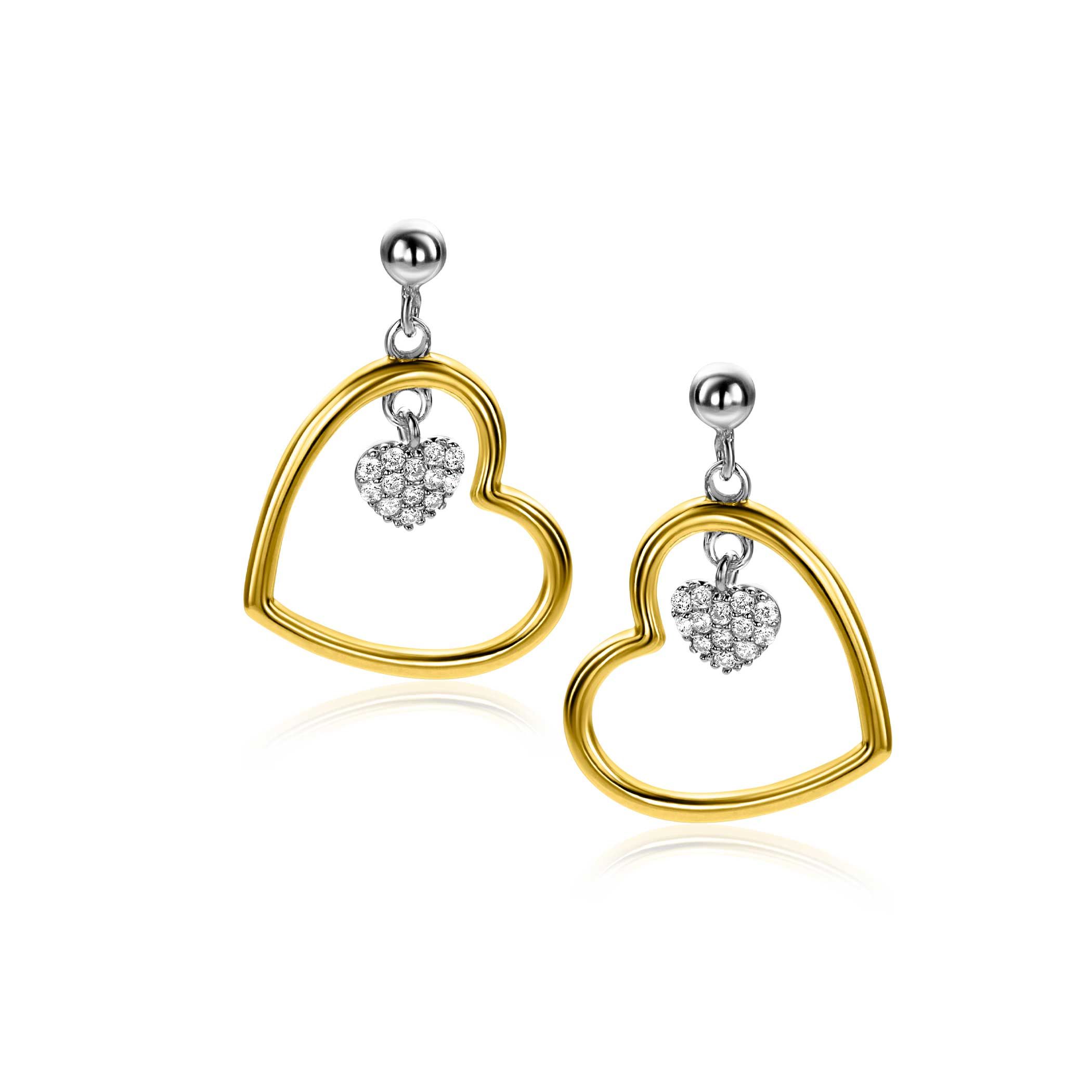 20mm ZINZI gold plated zilveren oorstekers open hart 15mm en bungelend hartje bezet met witte zirconia's ZIO2621