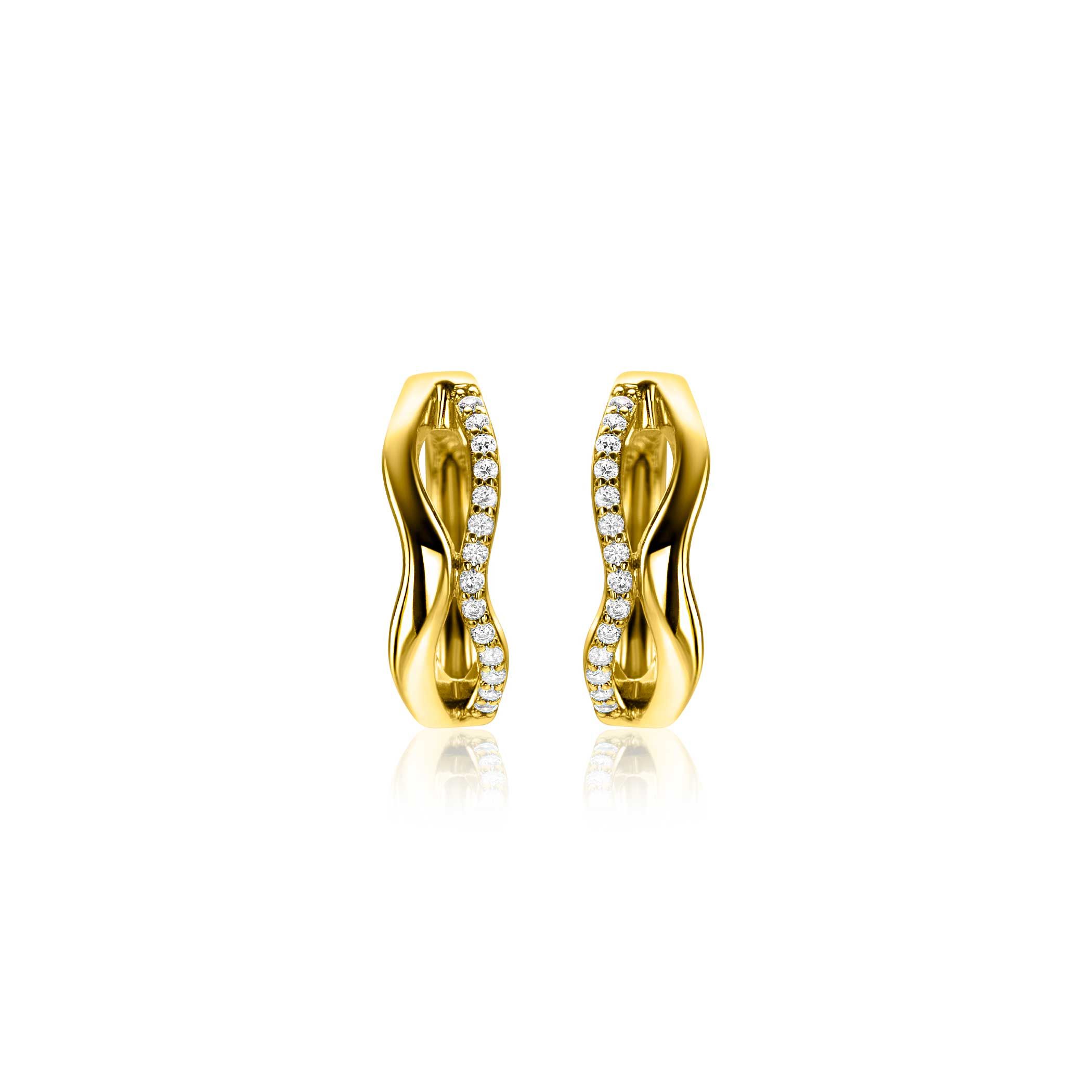 15mm ZINZI gold plated zilveren oorringen organisch gevormd met twee golvende banen, waarvan één bezet met witte zirconia's, met luxe klapsluiting ZIO2629Y