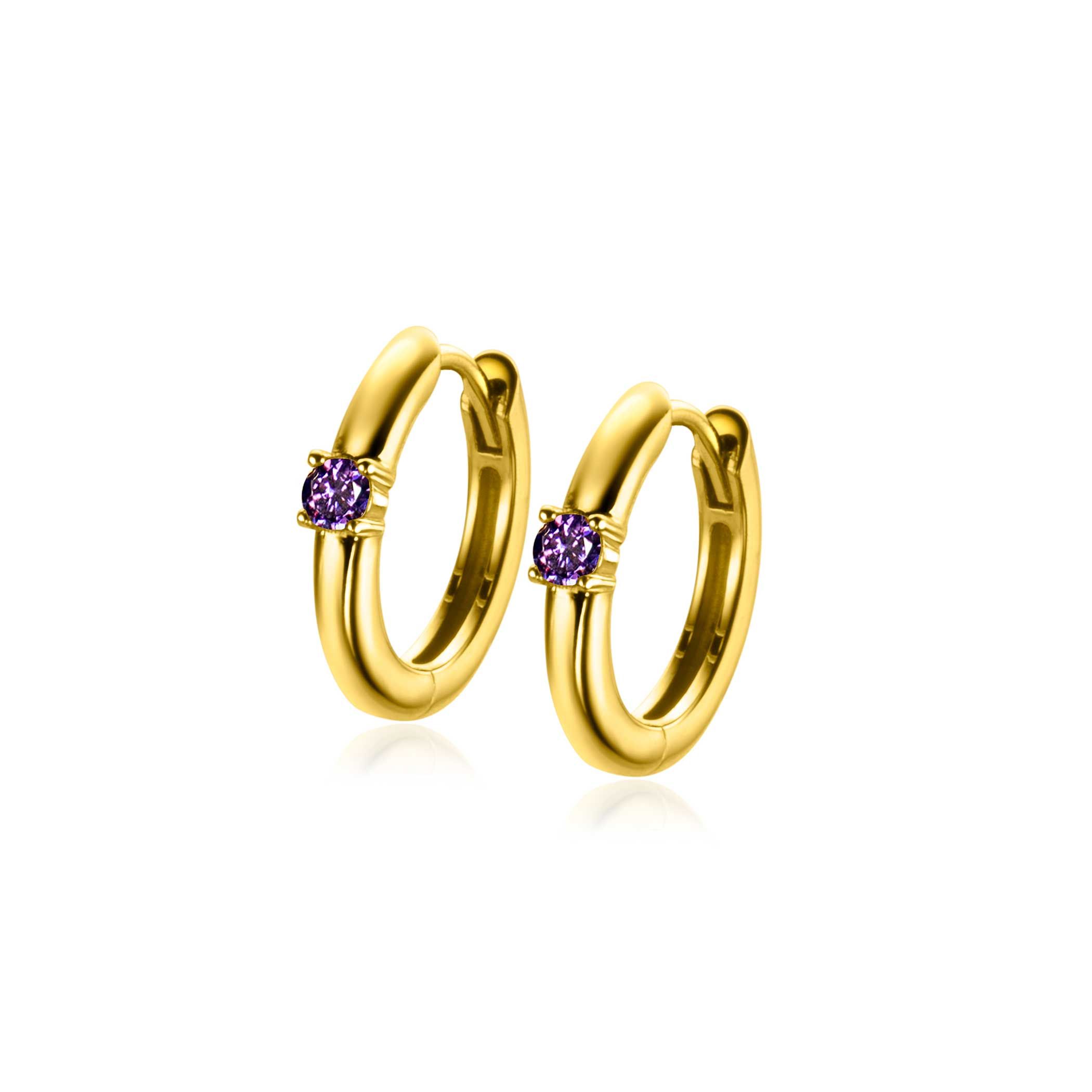 FEBRUARI oorringen 13mm gold plated met geboortesteen paars amethist zirconia 
