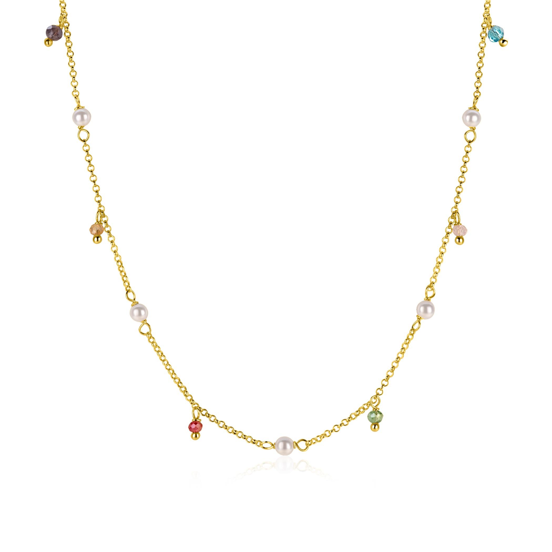 ZINZI gold plated zilveren ketting met witte parels en bungelende beads (5,5 mm) in frisse kleuren 42-45cm ZIC2705G