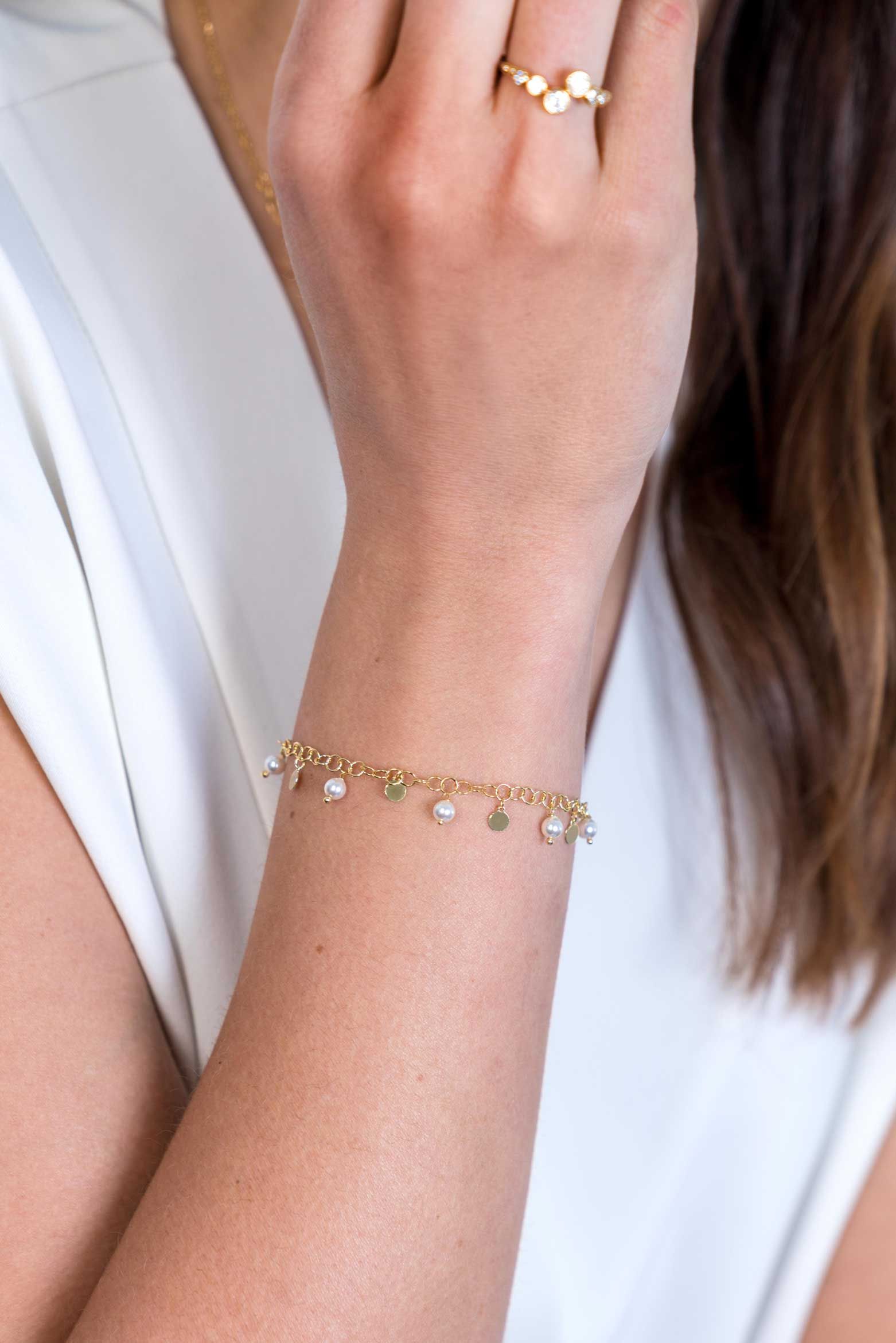 ZINZI zilveren fantasie armband 14K geel verguld ronde schakels witte parels ZIA2186G