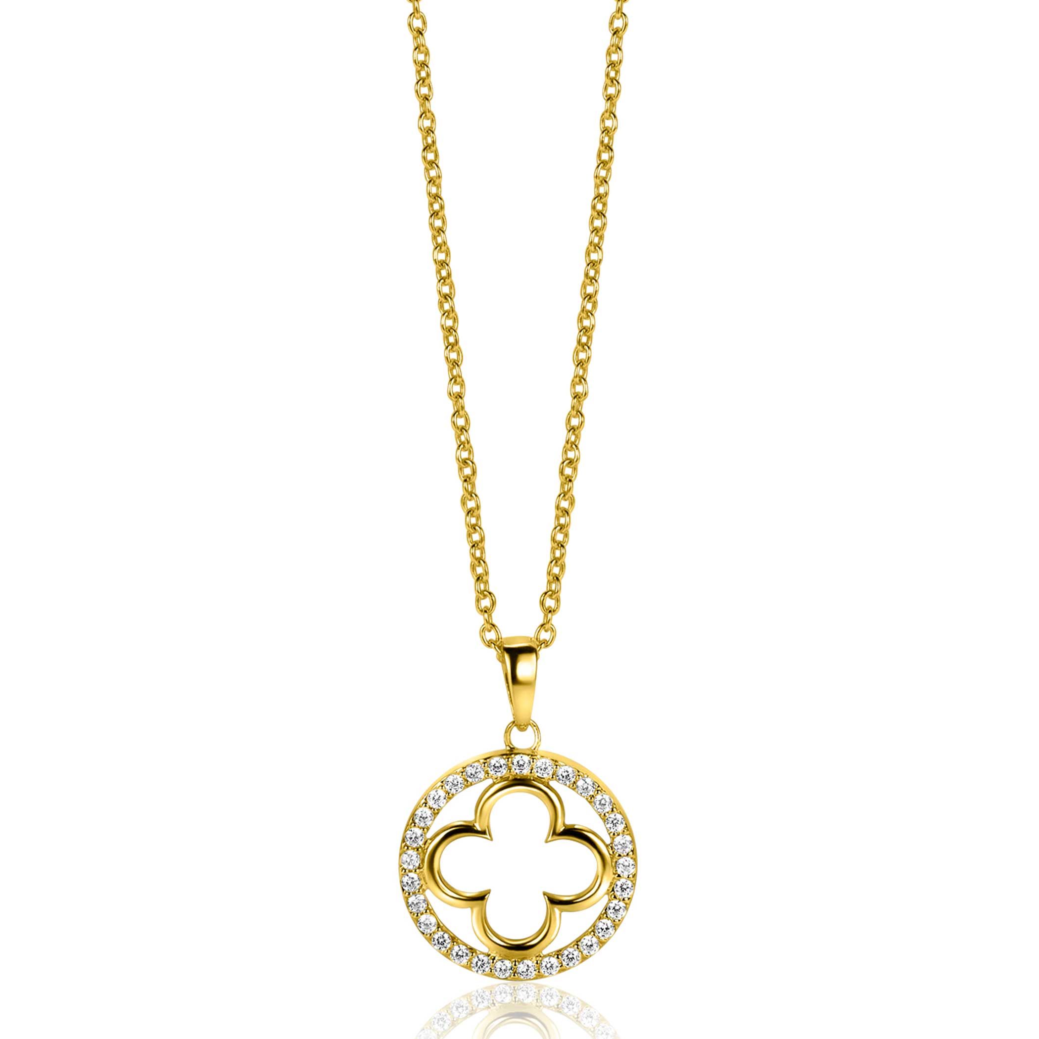 ZINZI gold plated zilveren anker ketting met luxe klaver hanger (15mm) rondom bezet met witte zirconia's 45-48cm ZIC2617Y
