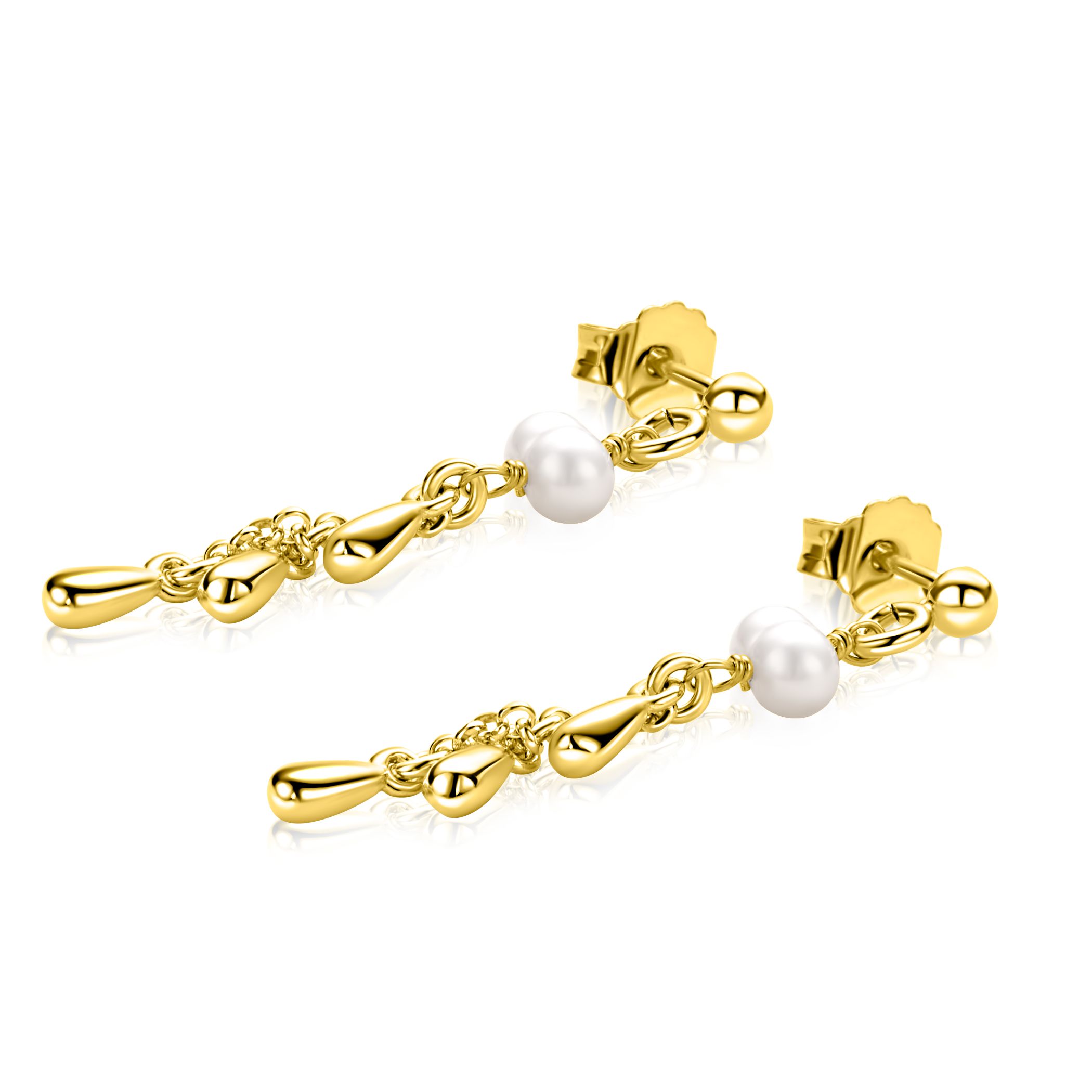 37mm ZINZI gold plated zilveren oorstekers met druppels en witte zoetwaterparels ZIO2753