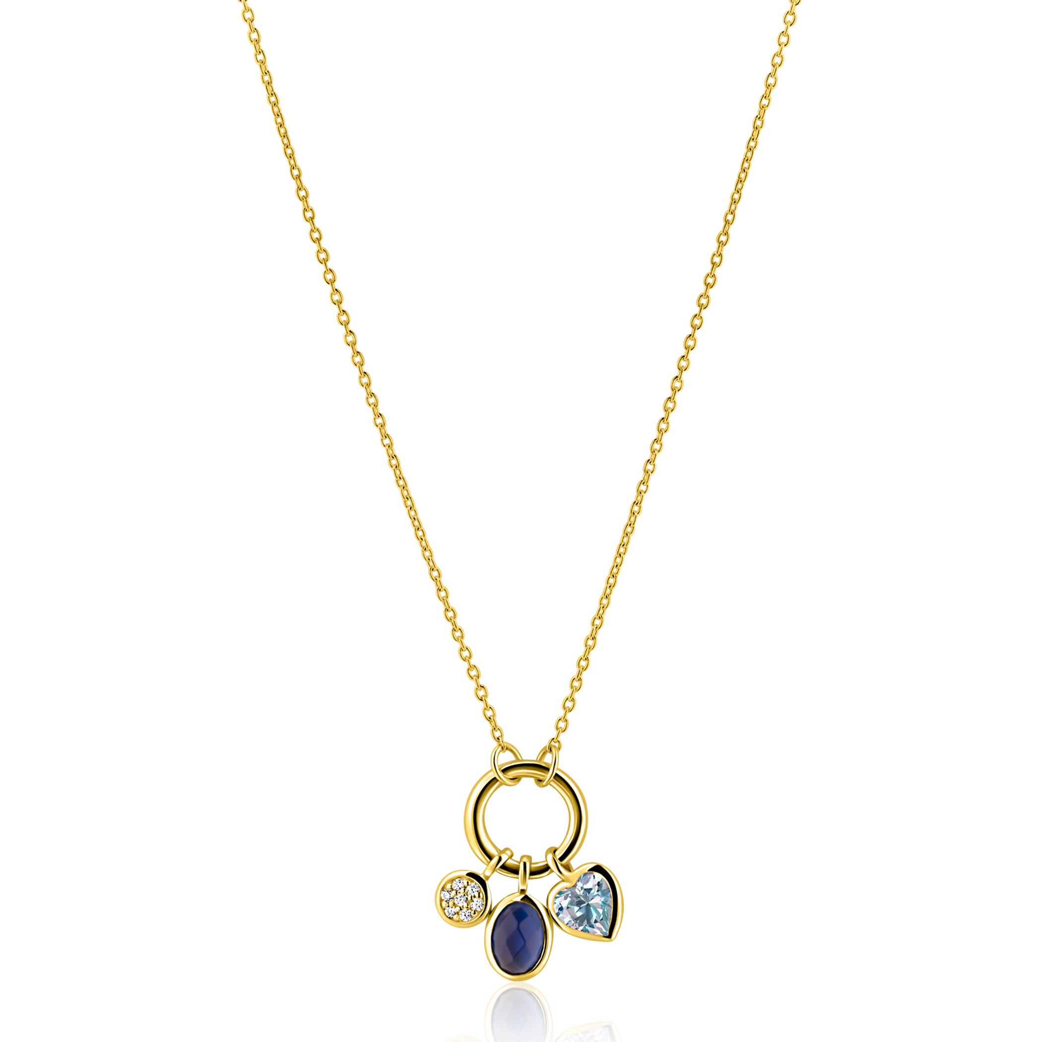 ZINZI gold plated zilveren ketting met ronde sluitring en drie luxe bedels 42-45cm ZIC2737