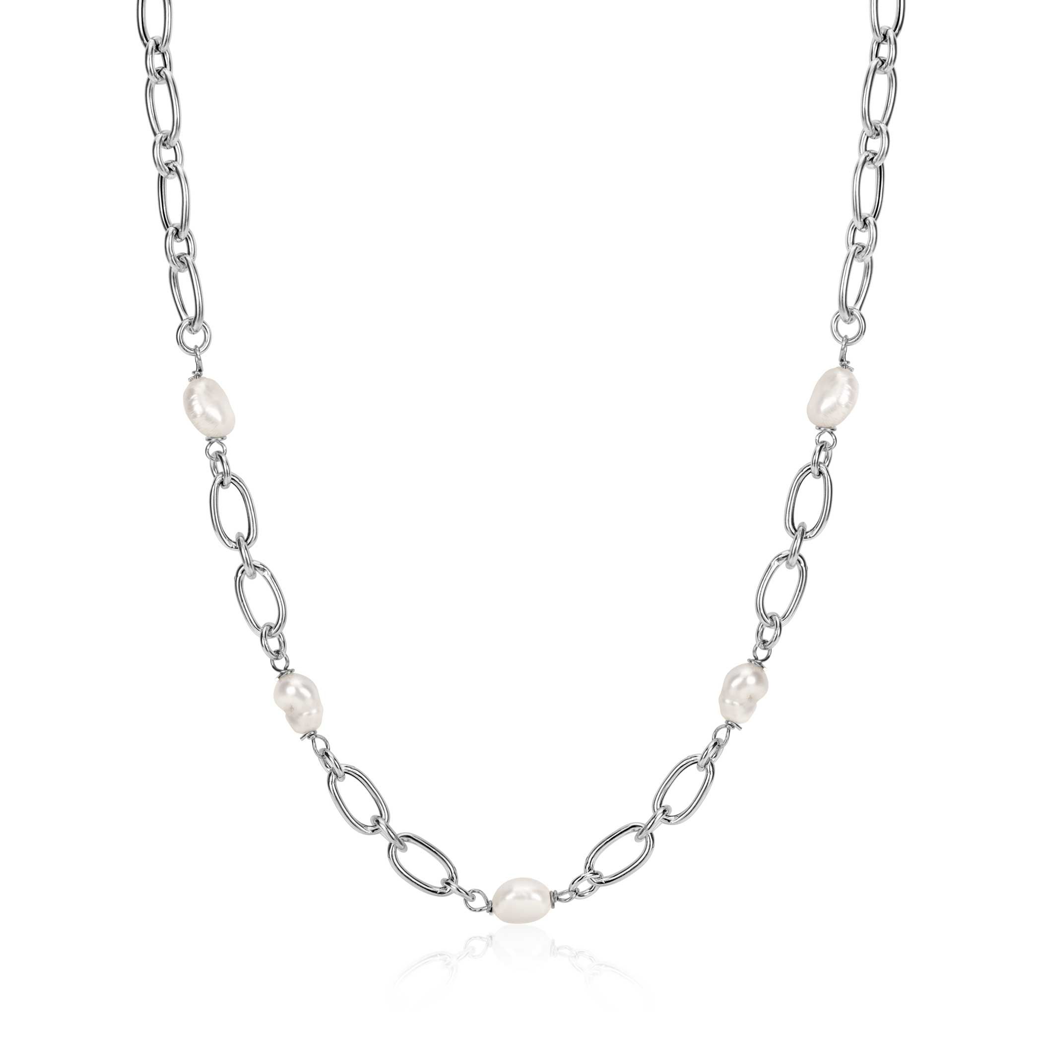 ZINZI zilveren schakel ketting met witte zoetwaterparels 49cm ZIC-BF112