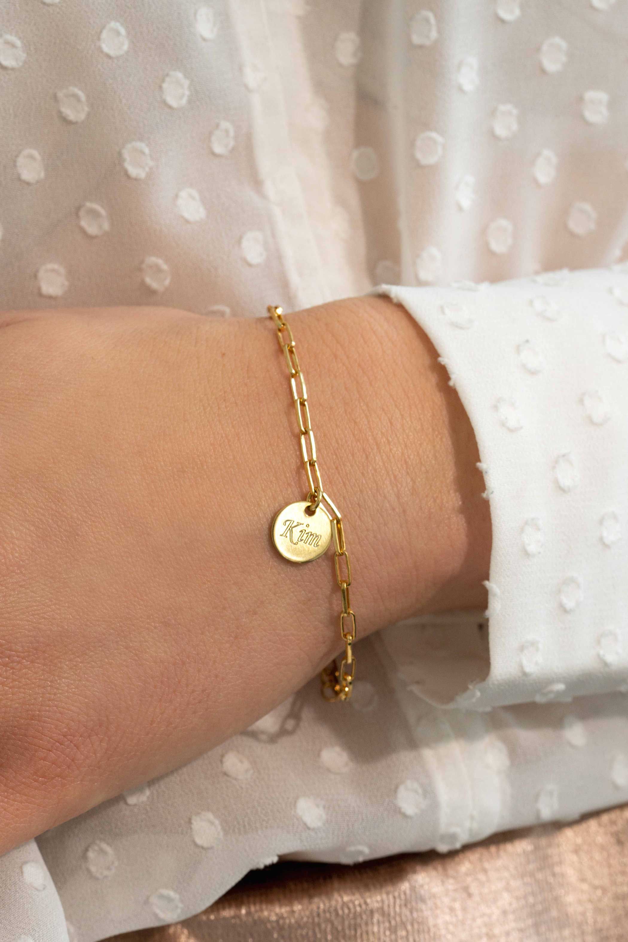ZINZI zilveren armband 14K geel verguld paperclip schakel rond plaatje ZIA2166G