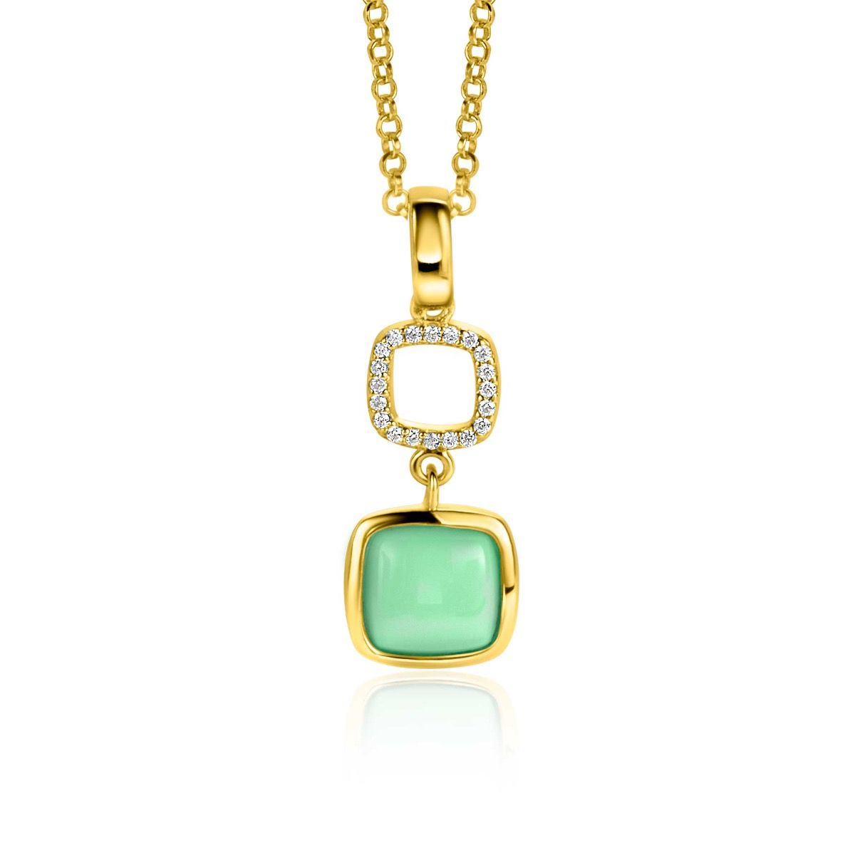 ZINZI gold plated zilveren tweezijdige hanger 30mm vierkant met witte onyx en mintgroene kleursteen ZIH2308 (zonder collier)