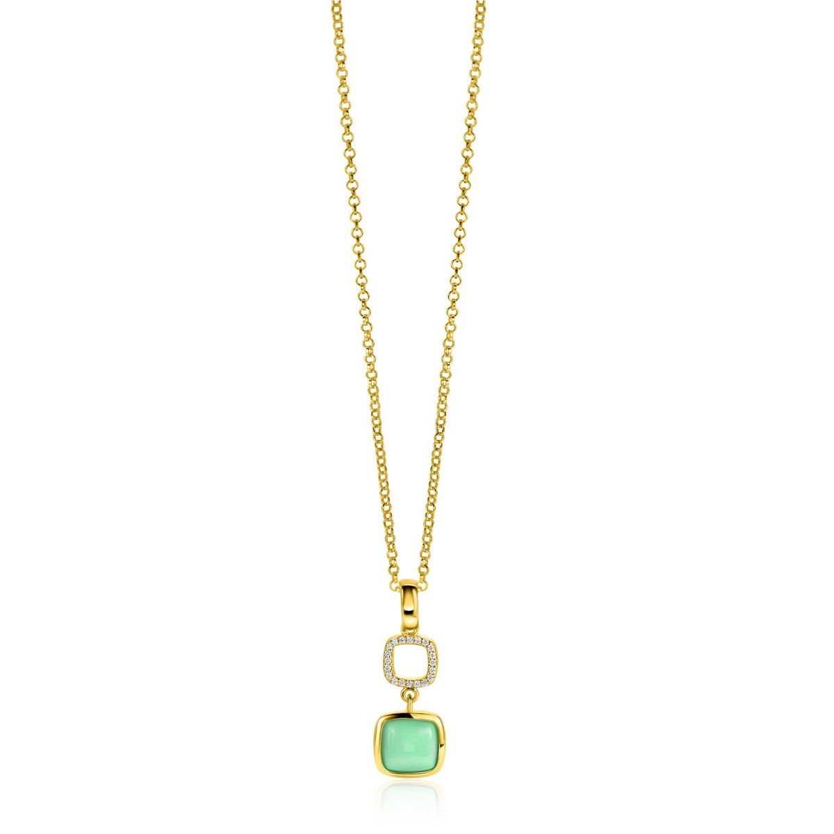 ZINZI gold plated zilveren tweezijdige hanger 30mm vierkant met witte onyx en mintgroene kleursteen ZIH2308 (zonder collier)