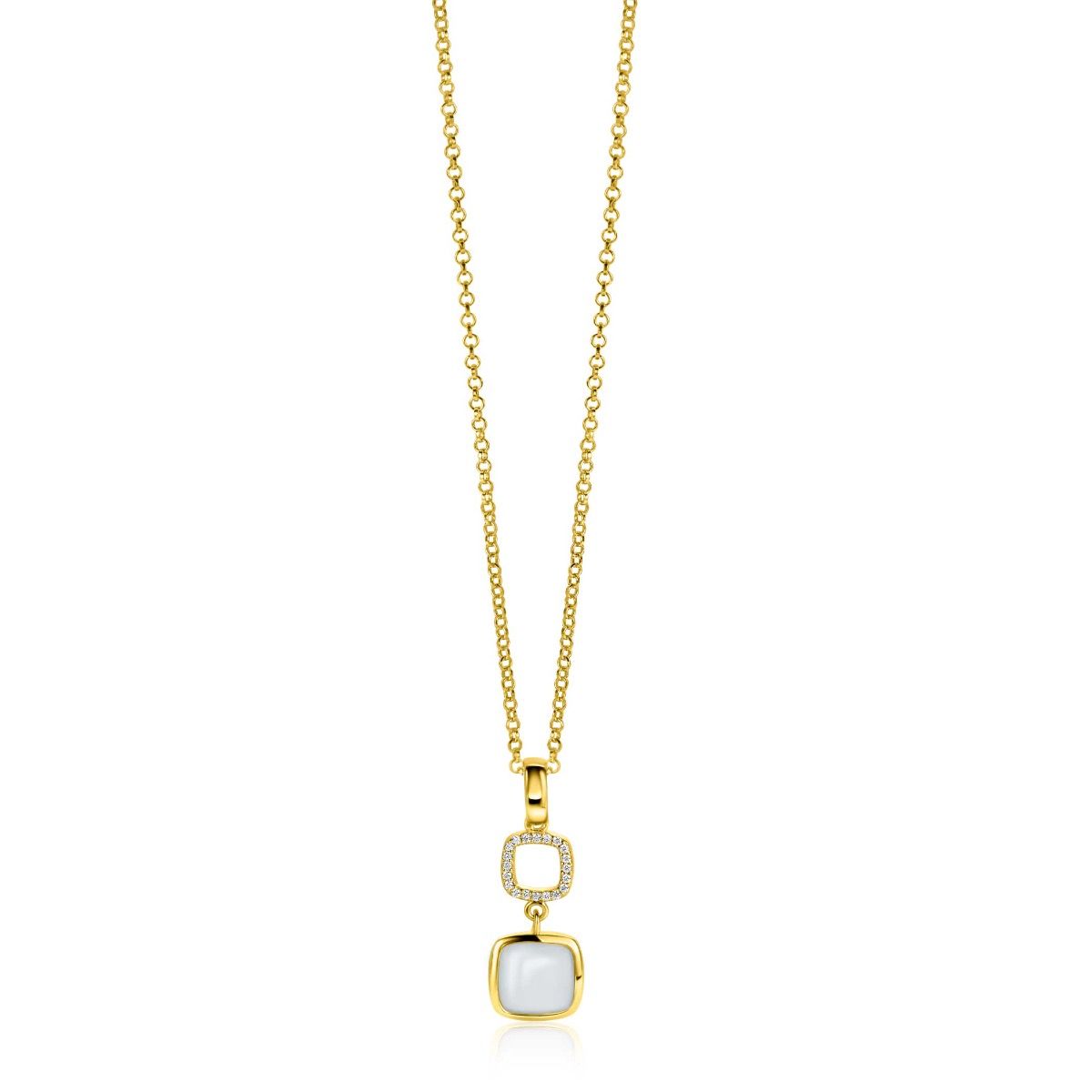 ZINZI gold plated zilveren tweezijdige hanger 30mm vierkant met witte onyx en mintgroene kleursteen ZIH2308 (zonder collier)