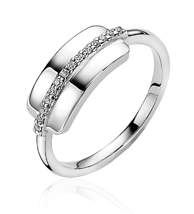 ZINZI zilveren ring met rechthoek plaatje en rij van witte zirconia's ZIR-BF24