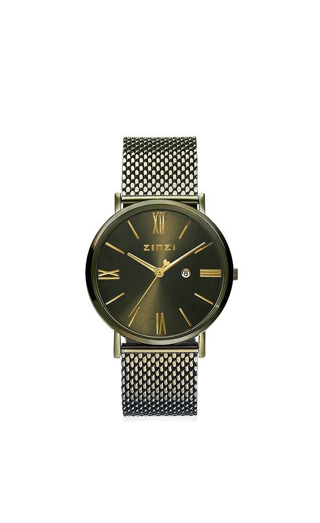 ZINZI Roman horloge olijfgroene wijzerplaat en kast met goudkleurige wijzers olijfgroene stalen mesh band 34mm ZIW544M

