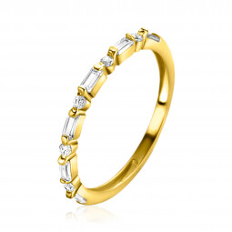 ZINZI Gold 14 karaat gouden ring 1,7mm breed, afwisselend bezet met baquette geslepen zirconia's en ronde witte zirconia's ZGR403