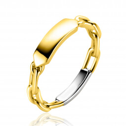 ZINZI gold plated zilveren ring met paperclip schakels en rechthoekig glanzend plaatje ZIR2530G