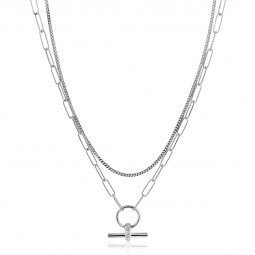 ZINZI zilveren schakel ketting 50cm met multilook: combinatie van gourmet en paperclip schakels en trendy T-bar bezet met witte zirconia's ZIC2462