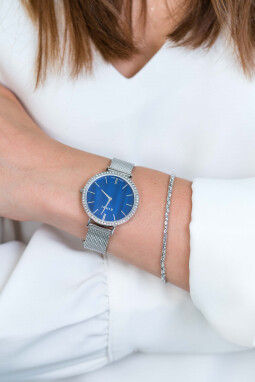ZINZI horloge GRACE 34mm donkerblauwe parelmoer wijzerplaat, rondom bezet met witte crystals,  stalen kast en band ziw1346
