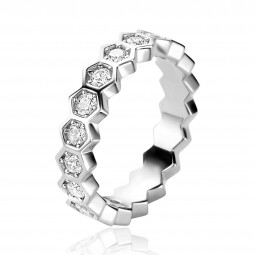 ZINZI zilveren brede ring met zeshoeksvormen, bezet met witte zirconia's ZIR2543