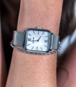 ZINZI Square Roman horloge witte parelmoer wijzerplaat en rechthoekige kast stalen mesh band 32mm extra dun ZIW821M
