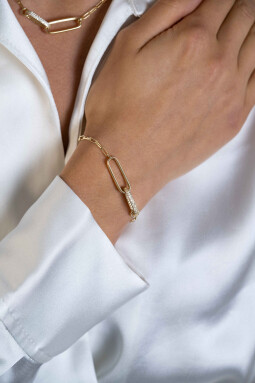 ZINZI gold plated zilveren schakel armband  met 2 grote ovale schakels, bezet met witte zirconia ZIA2371Y
