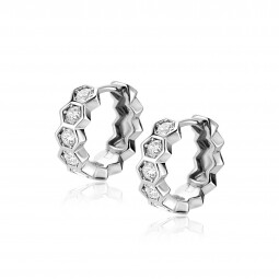 15mm ZINZI zilveren luxe oorringen met zeshoeksvormen bezet met witte zirconia's en klapsluiting ZIO2543