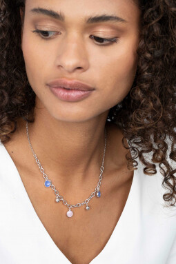 ZINZI zilveren luxe jasseron ketting 45cm met bolletjes en bedels rond in roze en blauw ZIC2005