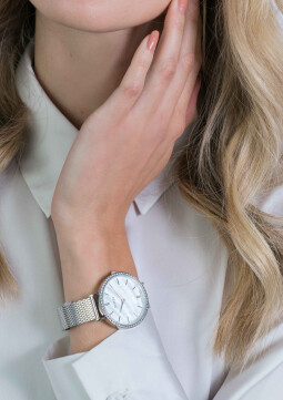 ZINZI horloge GRACE 34mm wit parelmoer wijzerplaat, rondom bezet met witte crystals,  stalen kast en band ziw1317

