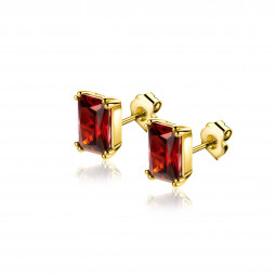 9mm ZINZI gold plated zilveren oorknoppen met een rechthoekige rood granaat kleursteen in vierpoots-zetting ZIO2392R