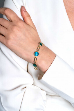 ZINZI gold plated zilveren armband met paperclip schakels en groen turquoise kleurstenen ZIA2332