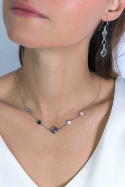 ZINZI zilveren fantasie collier met ronde kleurstenen zwart/grijs/wit 43-45cm ZIC2109