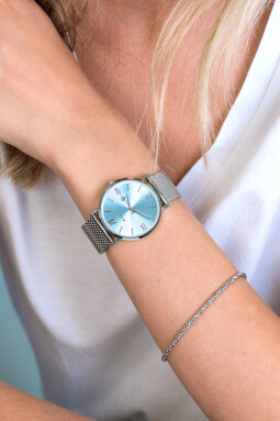 ZINZI Roman horloge Ice blue gekleurde wijzerplaat, stalen kast stalen mesh band 34mm extra dun ZIW545M