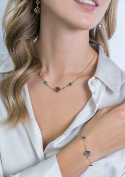 ZINZI zilveren fantasie armband 14K geel verguld met ronde zettingen groen/zwart/goud 17-20 cm ZIA2108