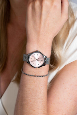 ZINZI Classy horloge 34mm roze wijzerplaat stalen kast en band datum ZIW1041M
