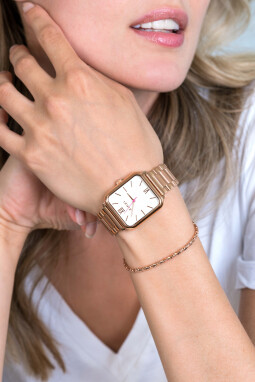 ZINZI Square Roman horloge witte wijzerplaat en rechthoekige roségoudkleurige kast stalen schakelband 32mm extra dun ZIW808S