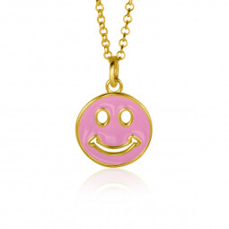 ZINZI gold plated zilveren hanger smiley rond 15mm met roze emaille ZIH2312R