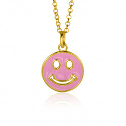 ZINZI gold plated zilveren hanger smiley rond 15mm met roze emaille ZIH2312R