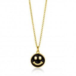 ZINZI gold plated zilveren hanger smiley rond 15mm met zwart emaille ZIH2312Z