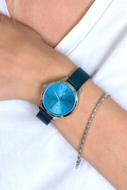 ZINZI Classy horloge 34mm blauwe wijzerplaat stalen kast en blauwe mesh band datum ZIW1042BM
