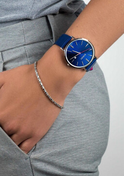Zinzi Retro horloge blauwe wijzerplaat stalen kast lerenband blauw 38mm extra dun ZIW403
