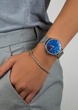 Zinzi Retro horloge donkerblauwe wijzerplaat stalen kast zilvergekleurd stalen mesh band zilvergekleurd 38mm extra dun ZIW403M
