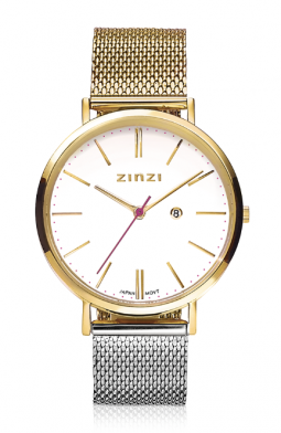 ZINZI Retro horloge witte wijzerplaat en geelgoudkleurige stalen kast stalen mesh band in 2 kleuren 38mm extra dun ZIW407MZ