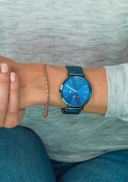 ZINZI Retro horloge blauw gekleurde wijzerplaat met rosé wijzers en blauwe stalen mesh band 38mm extra dun ZIW414M