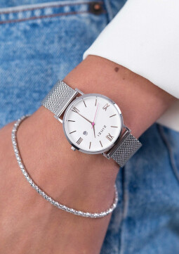 ZINZI Roman horloge witte wijzerplaat stalen kast stalen mesh band 34mm extra dun ZIW506M