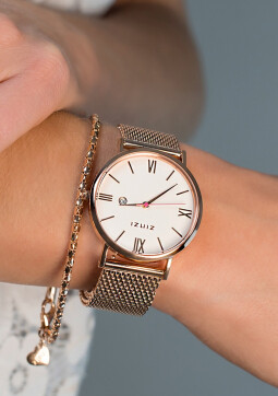 ZINZI Roman horloge witte wijzerplaat stalen kast roségoudkleurig stalen mesh band roségoudkleurig 34mm extra dun ZIW508M