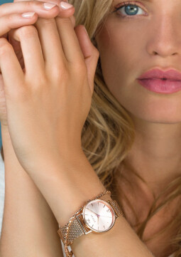 ZINZI Lady horloge roségoudkleurige wijzerplaat en kast stalen mesh band roségoudkleurig 28mm extra dun ZIW605M