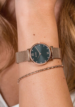 ZINZI Lady Crystal horloge zwarte wijzerplaat en roségoudkleurige kast stalen mesh band, witte crystals bij uuraanduiding, 28mm extra dun ZIW632M