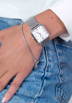ZINZI Square Roman horloge witte wijzerplaat en rechthoekige kast stalen mesh band 32mm extra dun ZIW806M
