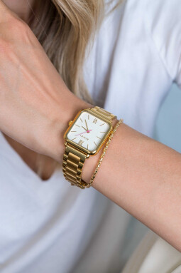 ZINZI Square Roman horloge witte wijzerplaat en rechthoekige geelgoudkleurige kast stalen schakelband 32mm extra dun ZIW807S