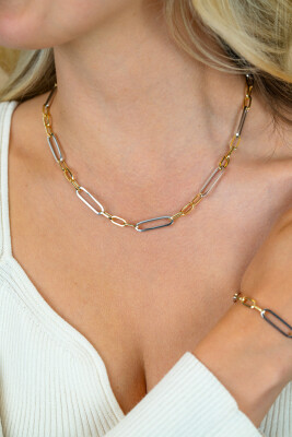 ZINZI zilveren bicolor schakelketting 45cm met ovale schakels 7mm breed ZIC2752