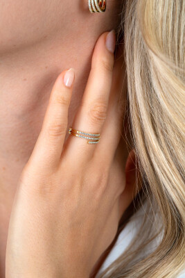ZINZI goldplated zilveren multi-look ring (6mm breed) met 3 banen bezet met witte zirkonia’s ZIR2727YC