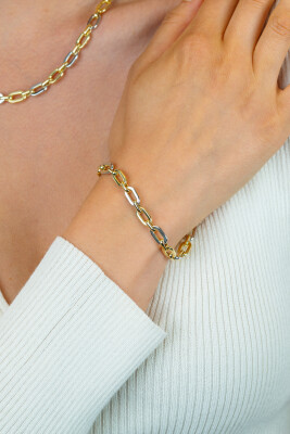 ZINZI gold plated zilveren schakelarmband met bicolor rechthoekige schakels (6,5mm breed) ZIA2757